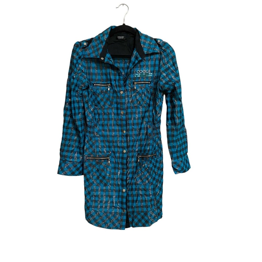 COOGI Plaid Shirt Dress Roll Tab Sleeves Snap Front Teal Black Size L